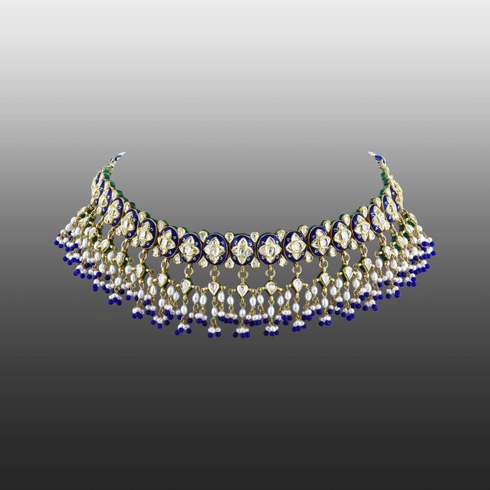 Polki Choker with Enamel, Pearl Bunches, and Blue Bead Accents